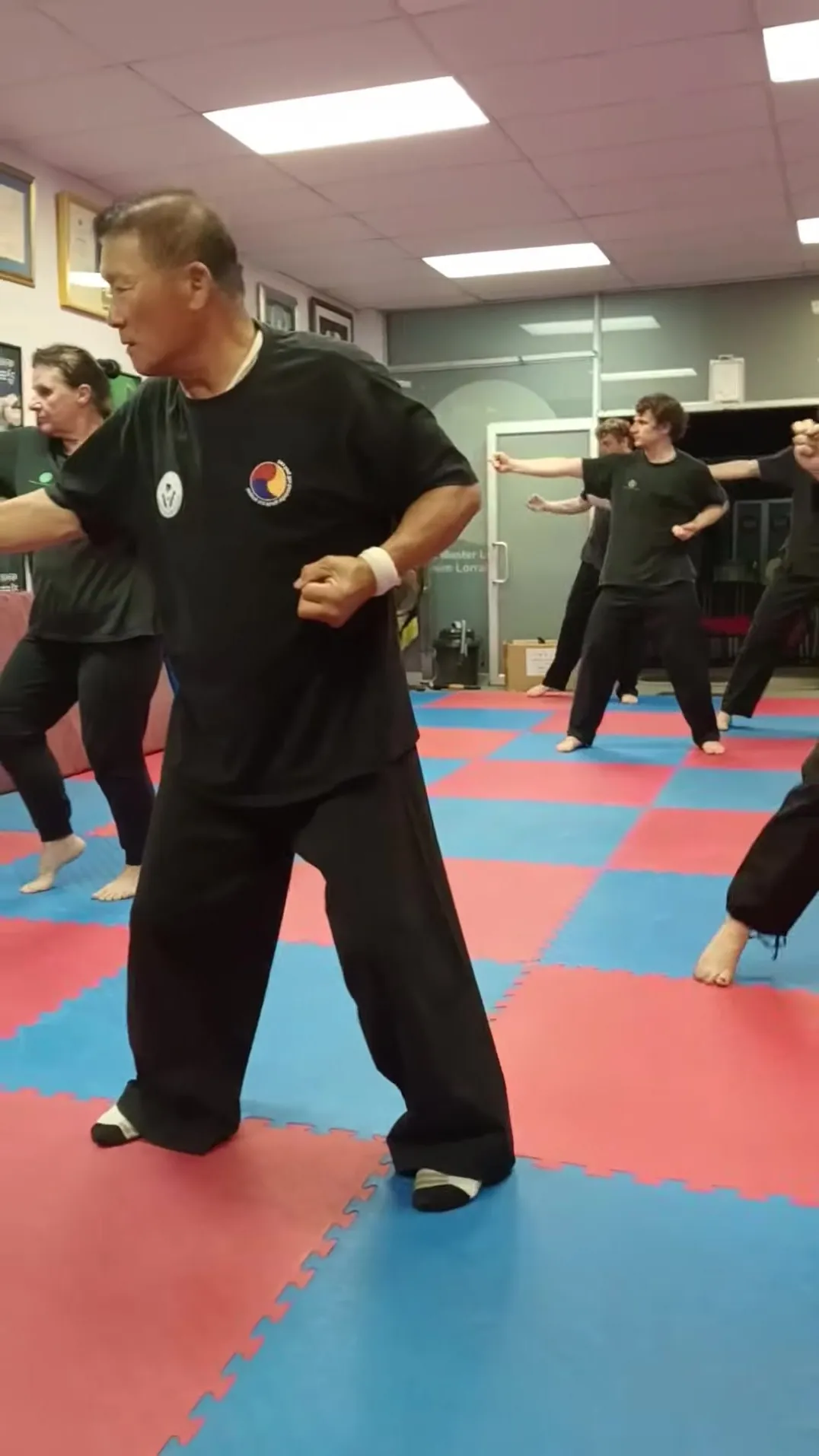 Grandmaster Eun Woo Lee leading a Tai Chi class, students following the form behind him.